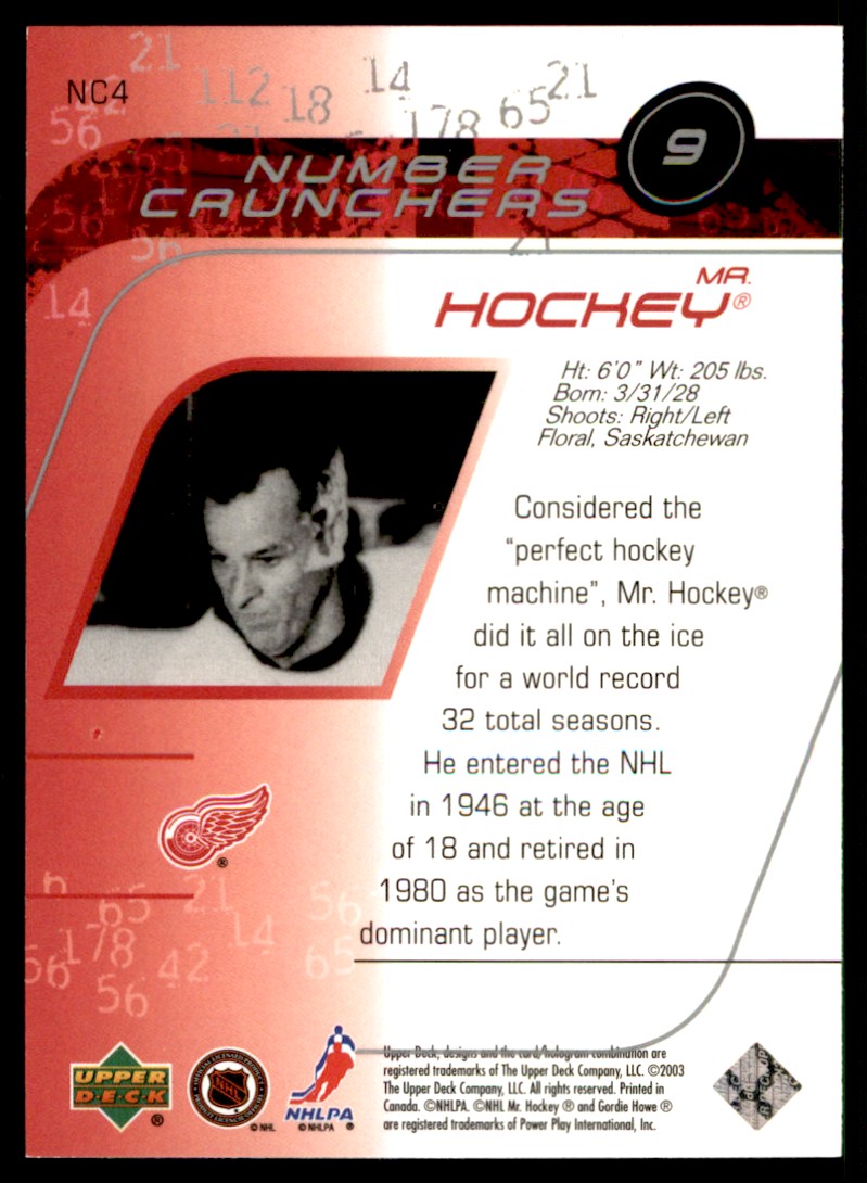 2002-03 Upper Deck Number Crunchers Gordie Howe #NC4 card back image