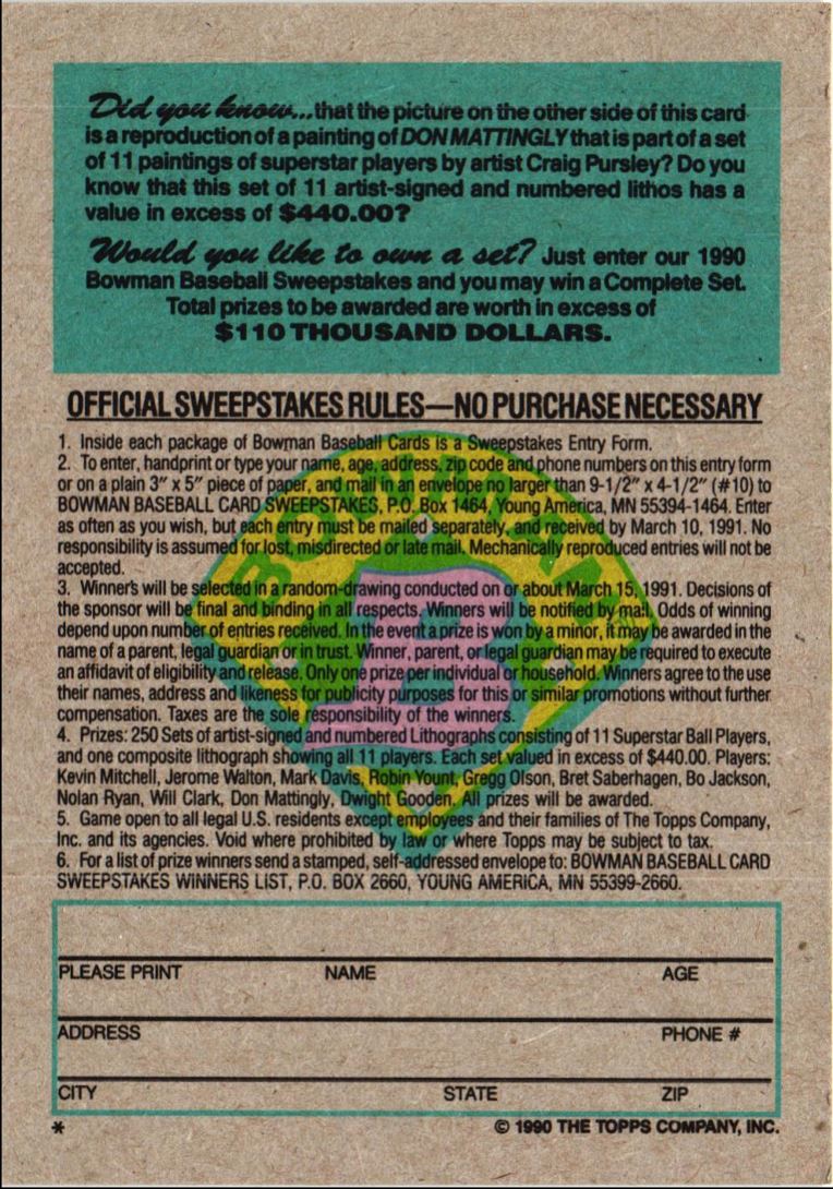 1990 Bowman Sweepstakes (One Asterisk) Don Mattingly #NNO card back image