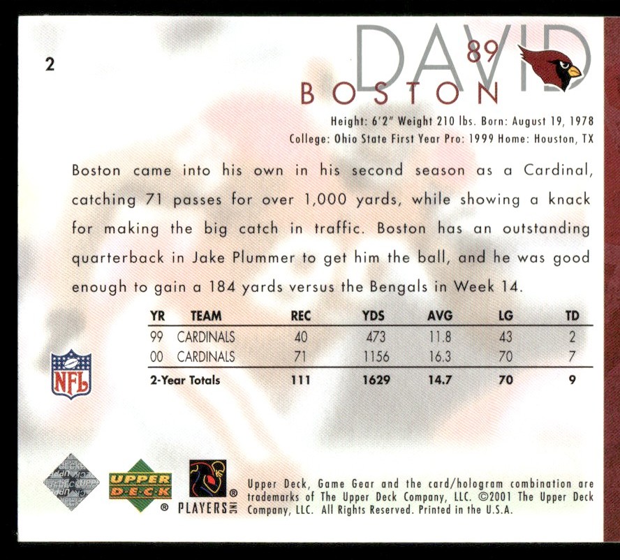 2001 UD Game Gear David Boston Arizona Cardinals #2 | eBay