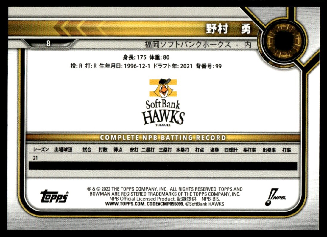 2022 Bowman NPB Nippon Professional Baseball #8 Isami Nomura