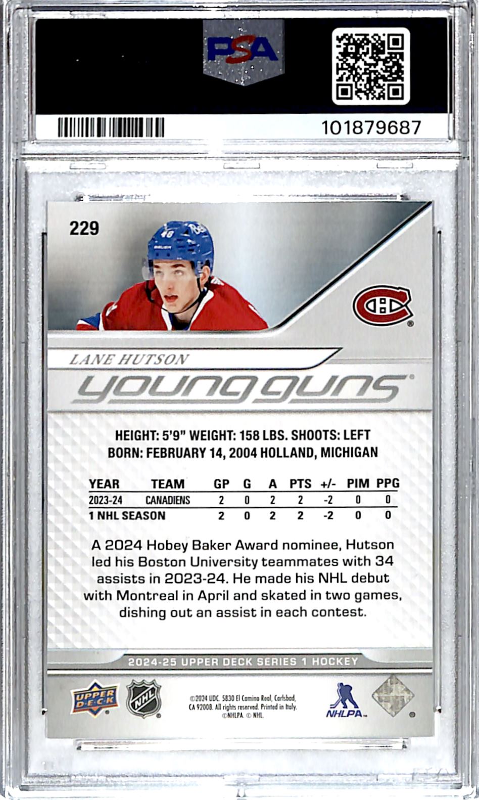 2024-25 UD Series 1 Young Guns Lane Hutson #229 card back image