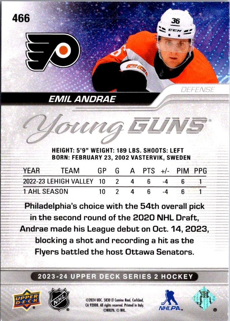 2023-24 Upper Deck Young Guns Emil Andrae #466 card back image