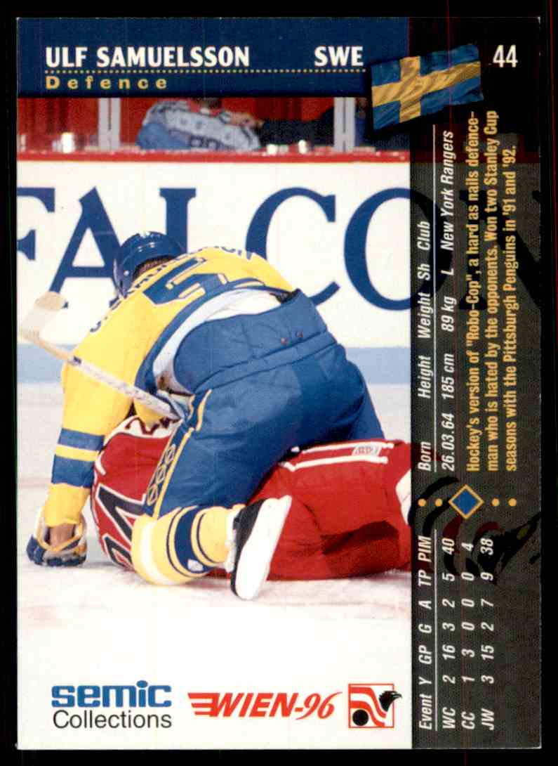 1996-97 Semic Hockey Ulf Samuelsson #44 card back image