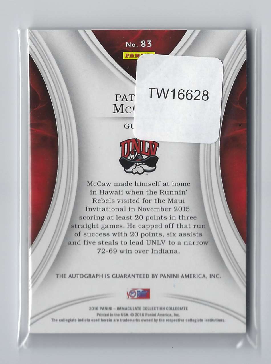 2016-17 Immaculate Collection Collegiate Rookie Autographs Gold Patrick McCaw #83 card back image