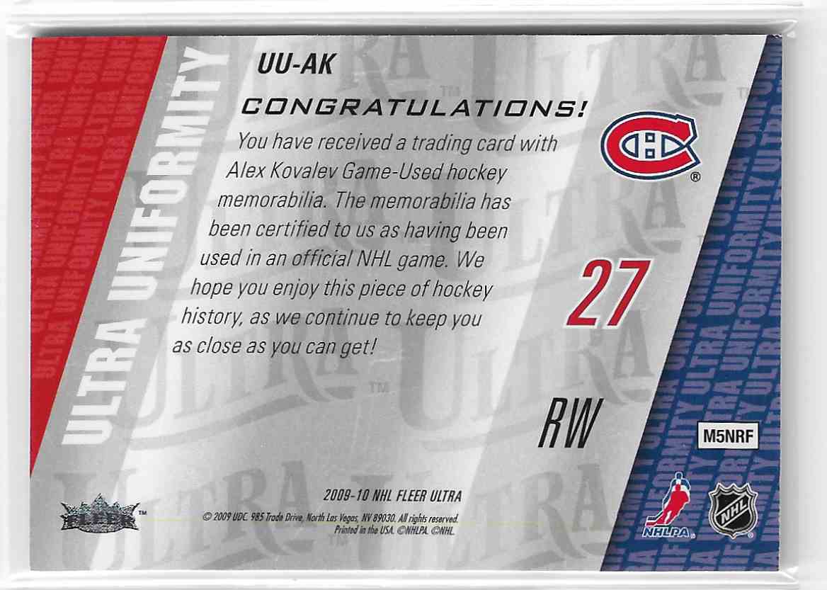2009-10 Fleer Ultra Ultra Uniformity Alex Kovalev #UU-AK card back image