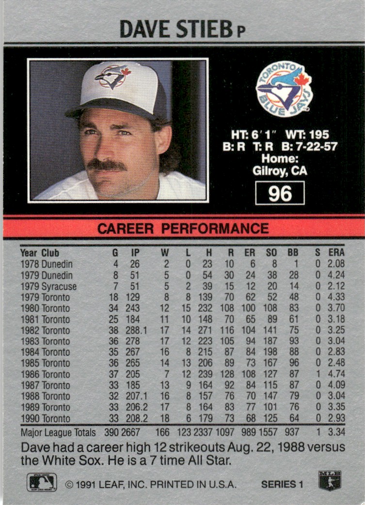 1991 Leaf Major League MLB Baseball Dave Stieb #96 card back image