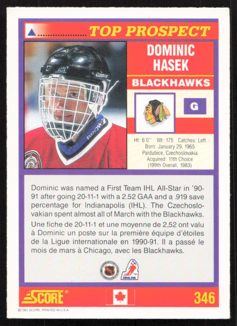 1991-92 Score Canadian Bilingual Dominik Hasek #346 card back image