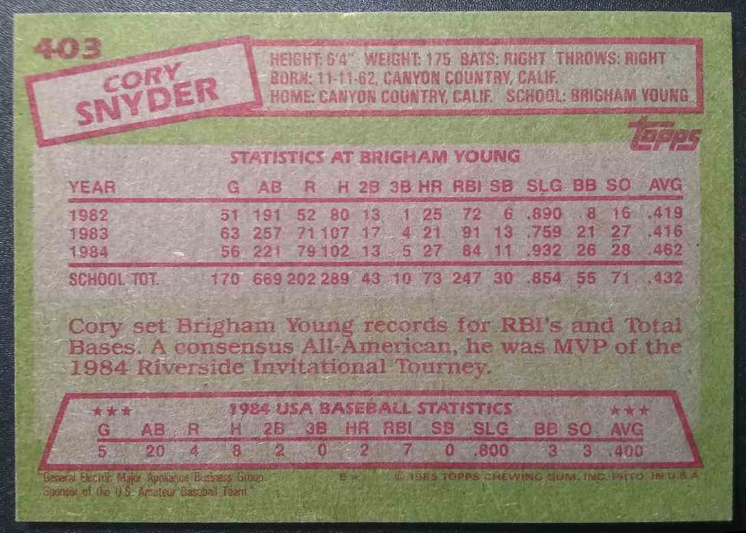 1985 Topps Cory Snyder #403 card back image
