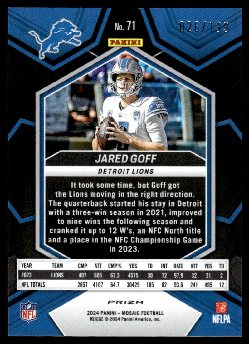 2024 Mosaic Orange Prizms Jared Goff #71 card back image