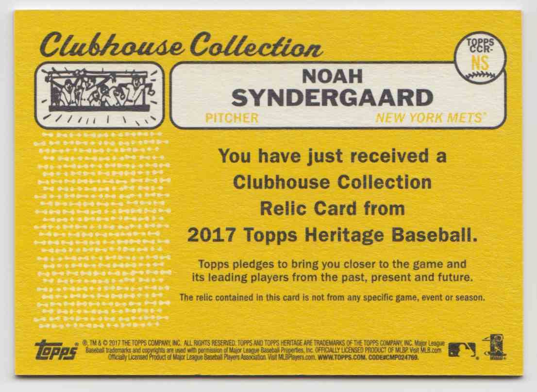 2017 Topps Heritage High Clubhouse Collection Relics Noah Syndergaard #CCR-NS card back image