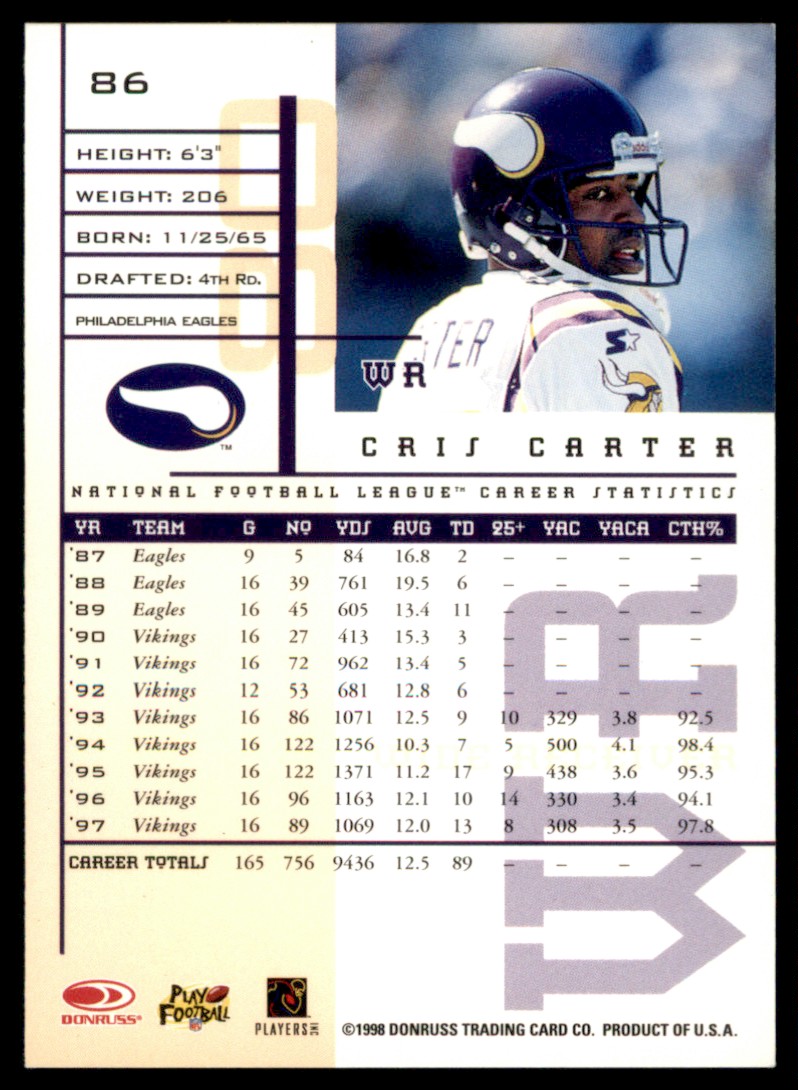 1998 Leaf Rookies and Stars Cris Carter #86 card back image