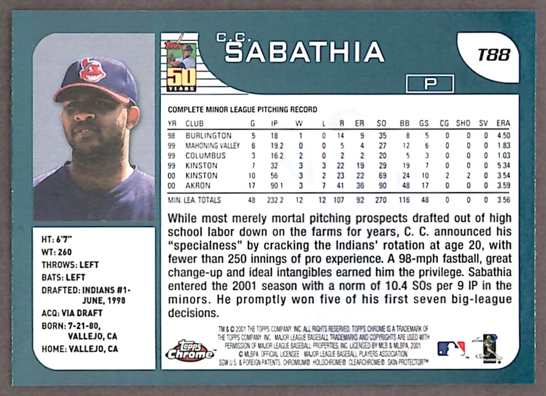 2001 Topps Chrome C.C. Sabathia #T88 card back image