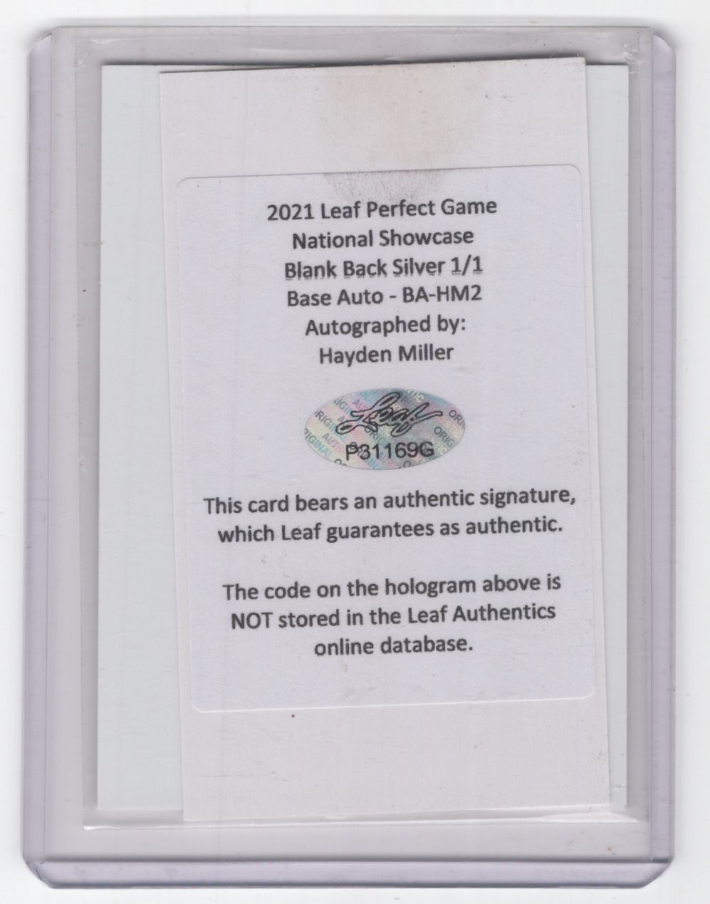 2021 Leaf Perfect Game National Showcase Blank Back Silver Hayden Miller #BA-HM2 card back image