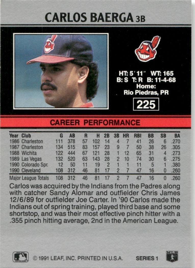 1991 Leaf Major League MLB Baseball Carlos Baerga #225 card back image