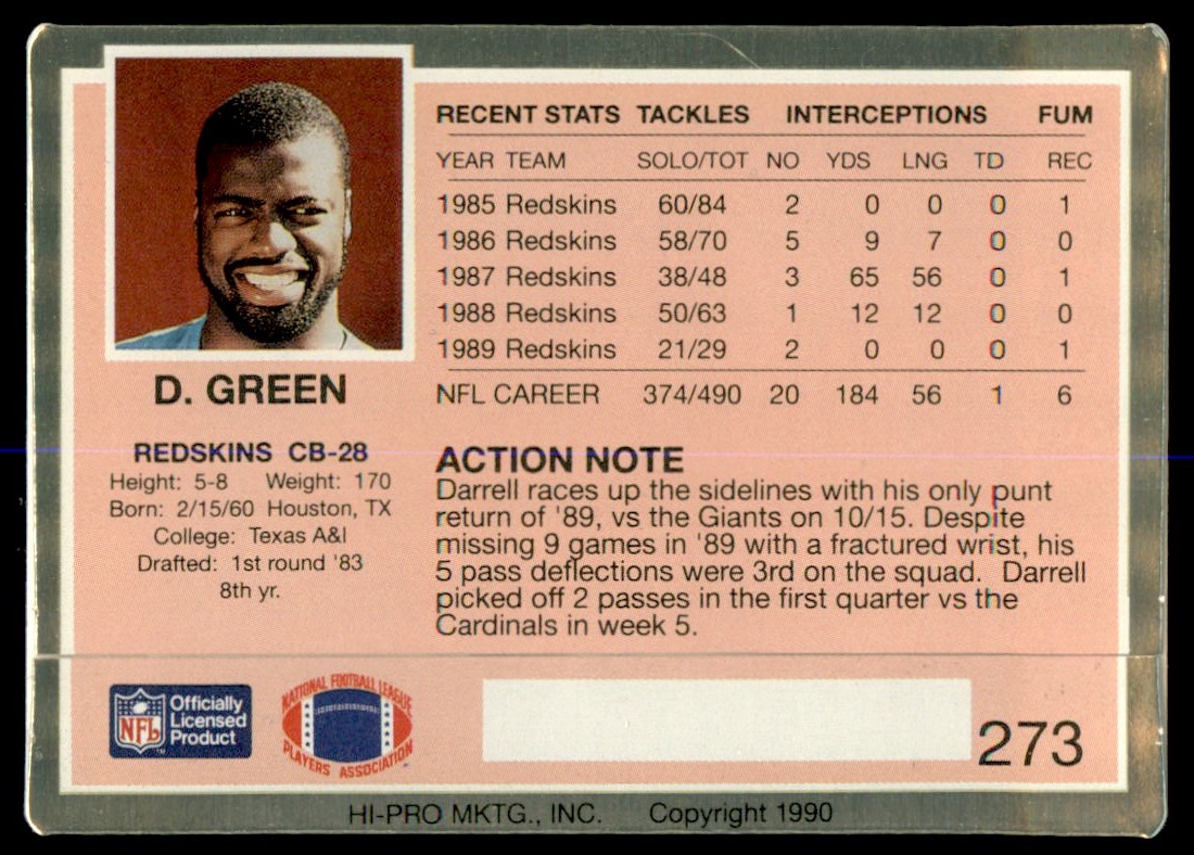 1990 Action Packed Darrell Green Washington Redskins #273 - Picture 2 of 2
