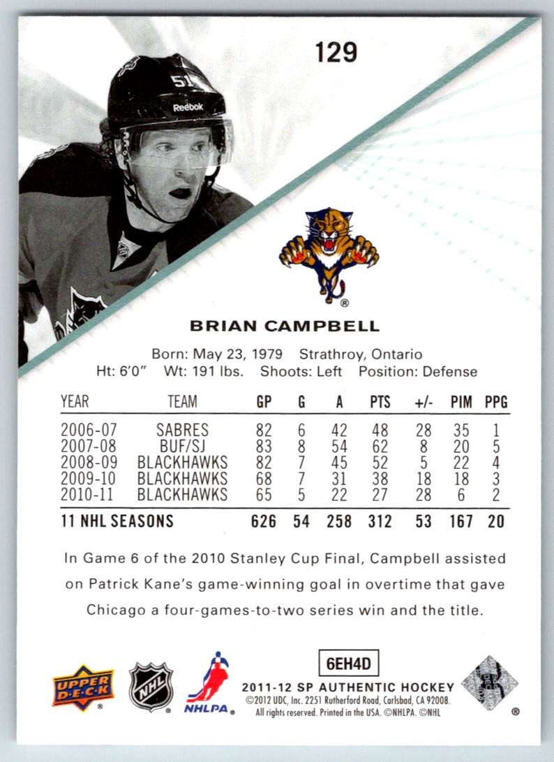 2011-12 SP Authentic Brian Campbell #129 card back image