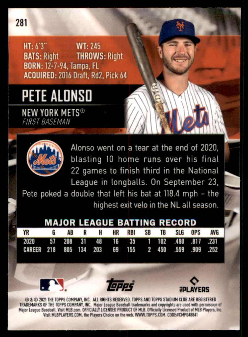 2021 Stadium Club Pete Alonso #281 card back image