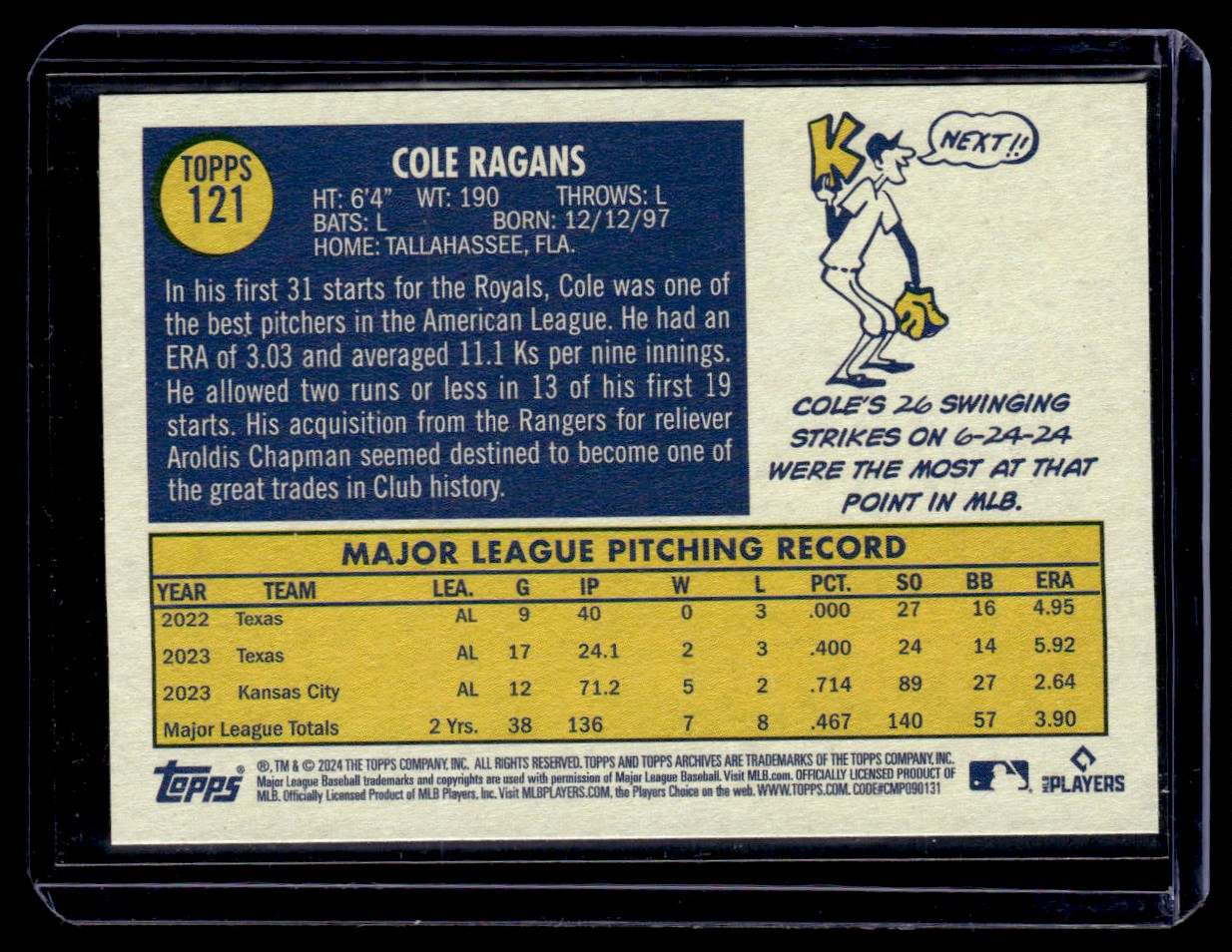 2024 Topps Archives Cole Ragans #121 card back image