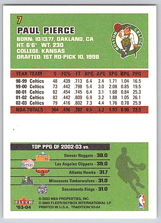 2003-04 Fleer Tradition Paul Pierce #7 card back image
