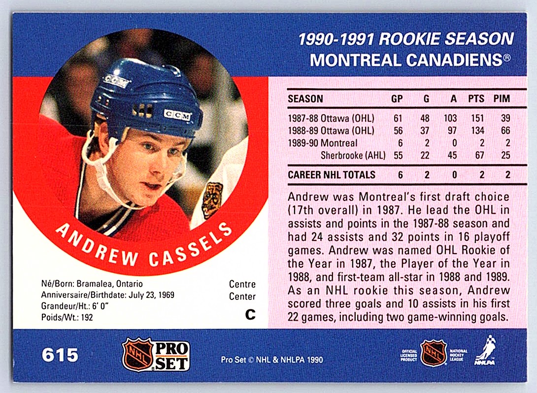 1990-91 Pro Set Andrew Cassels #615 card back image