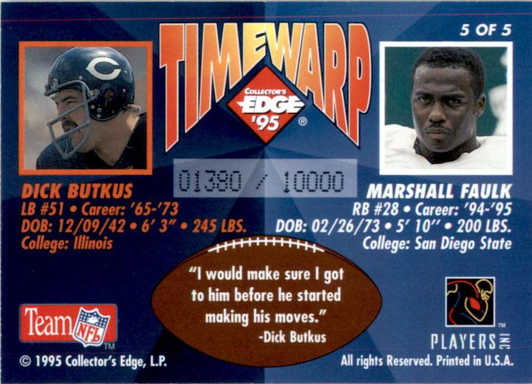 1995 Collector's Edge TimeWarp Sunday Ticket Football Cards Dick Butkus/Marshall Faulk #5 card back image