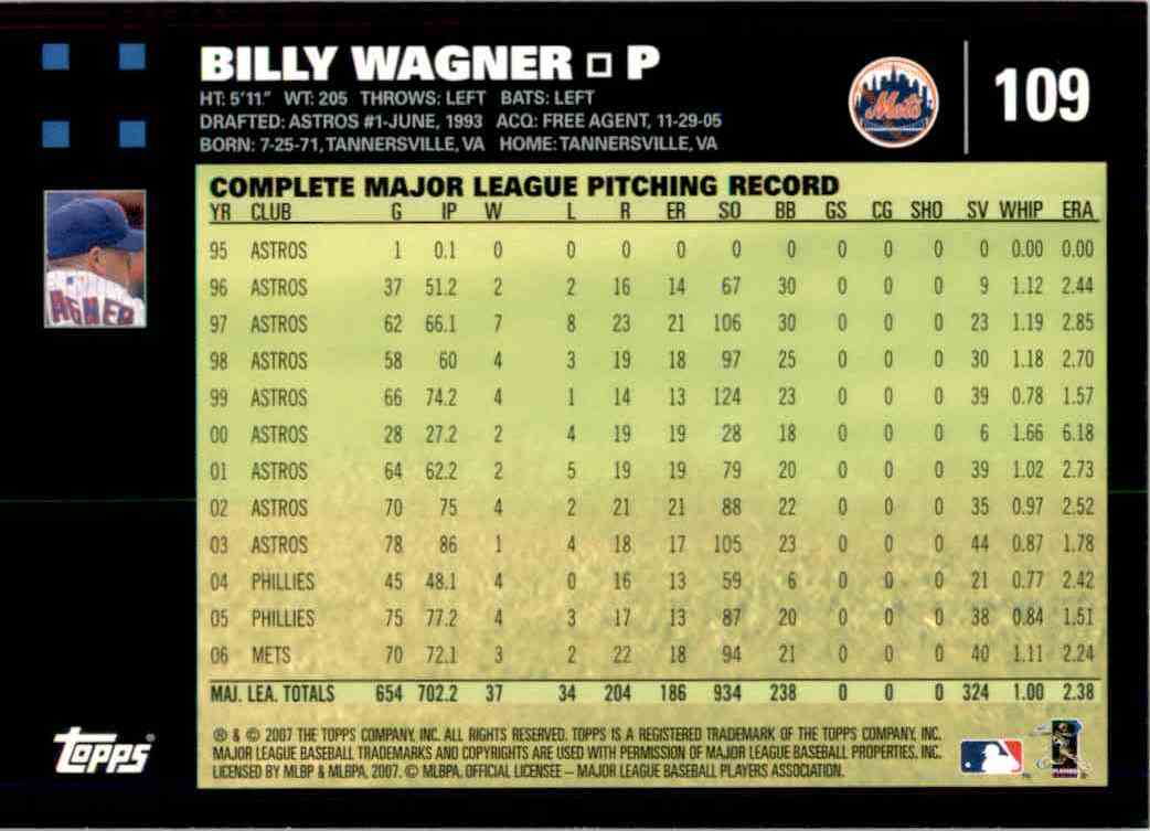 2007 Topps Billy Wagner #109 card back image