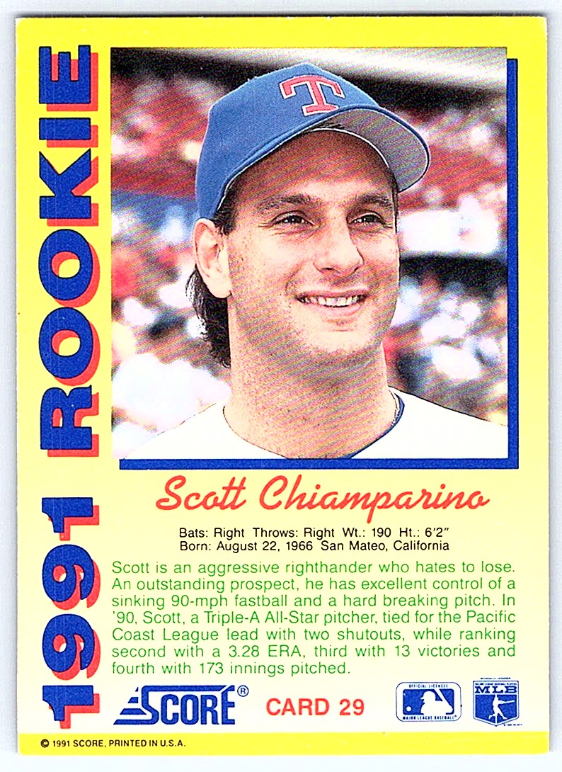 1991 Score Rookie Scott Chiamparino #29 card back image