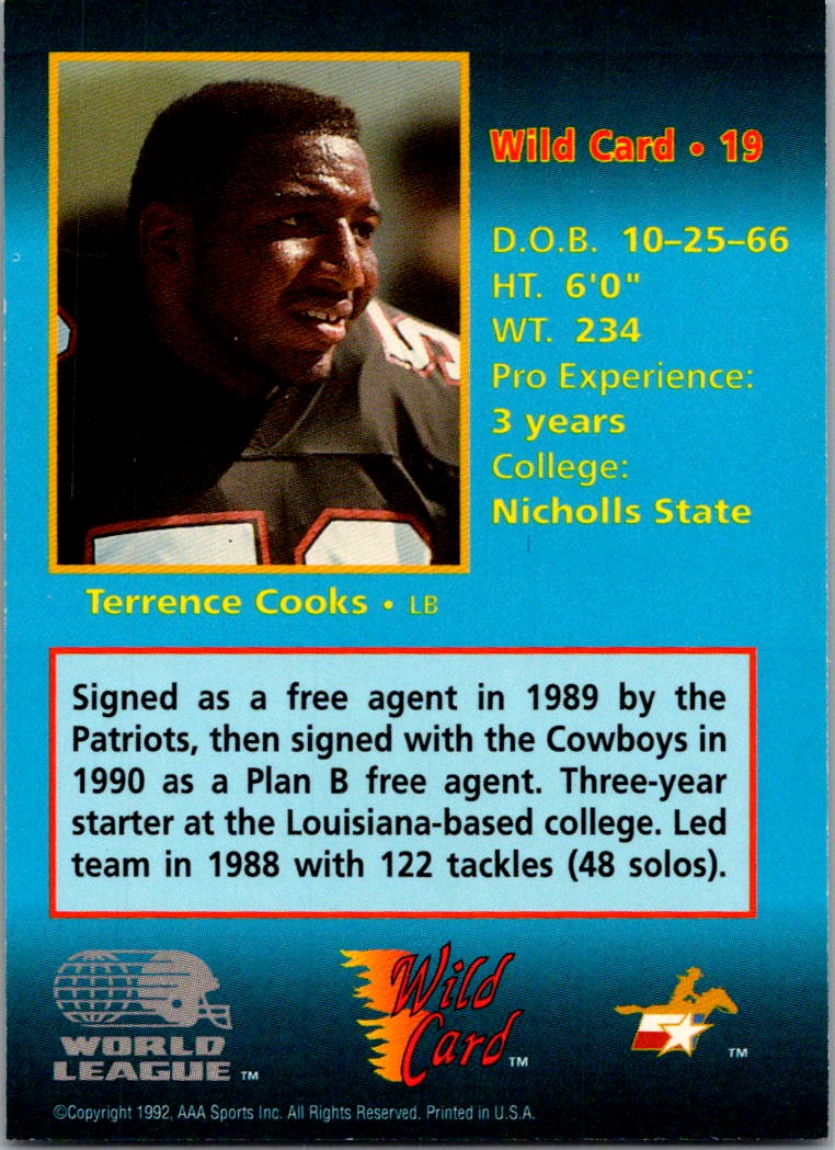 1992 WILD CARD WLAF TERRENCE COOKS SAN ANTONIO RIDERS #19 | eBay