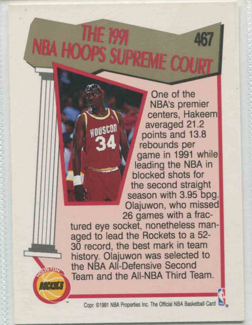 1991-92 NBA Hoops Hakeem Olajuwon #467 card back image