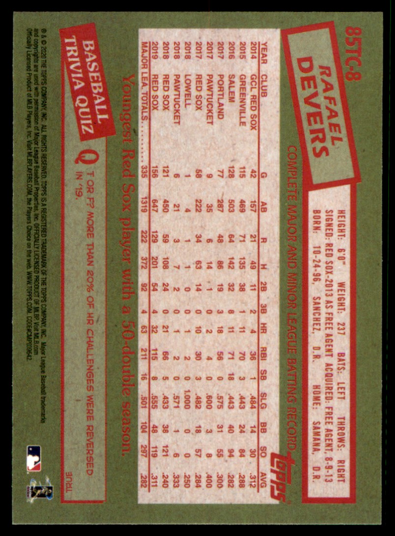 2020 Topps Chrome 1985 Baseball Rafael Devers #85TC-8 card back image