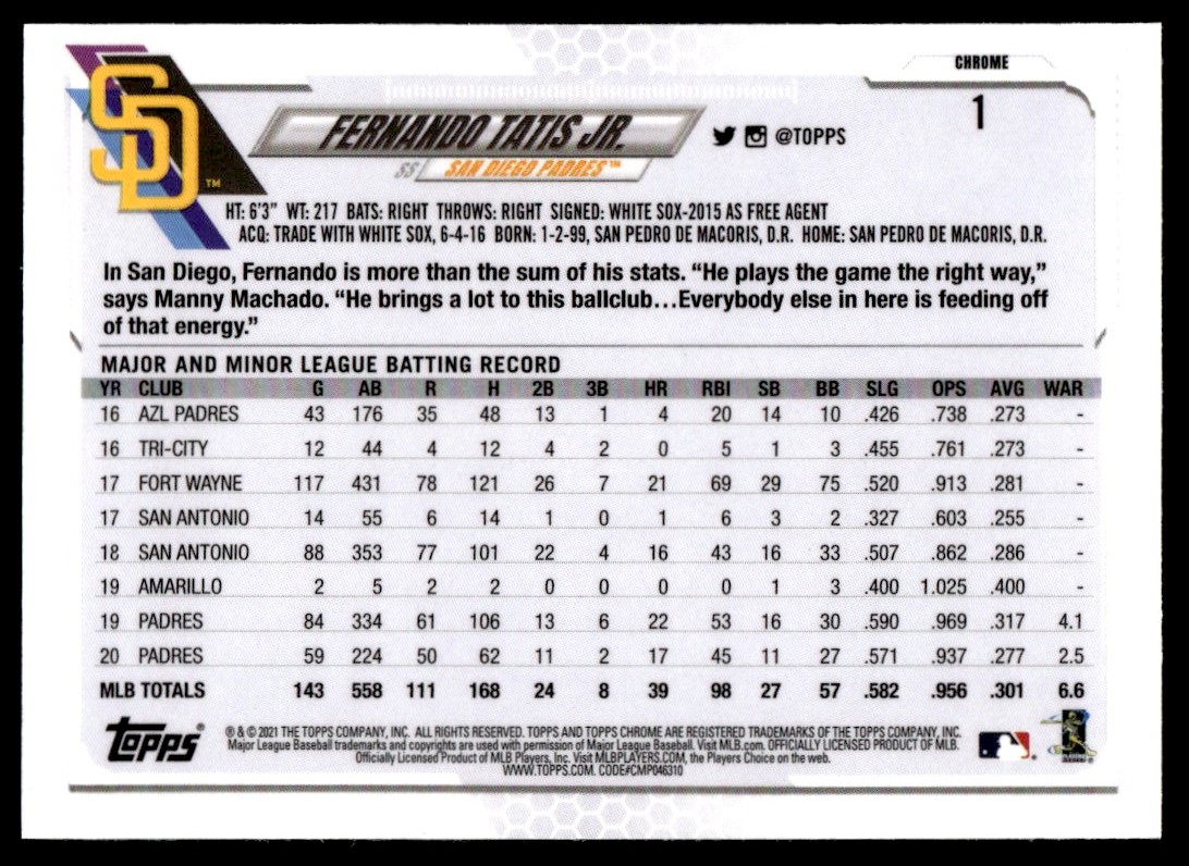 2021 Topps Chrome Fernando Tatis Jr. #1 card back image