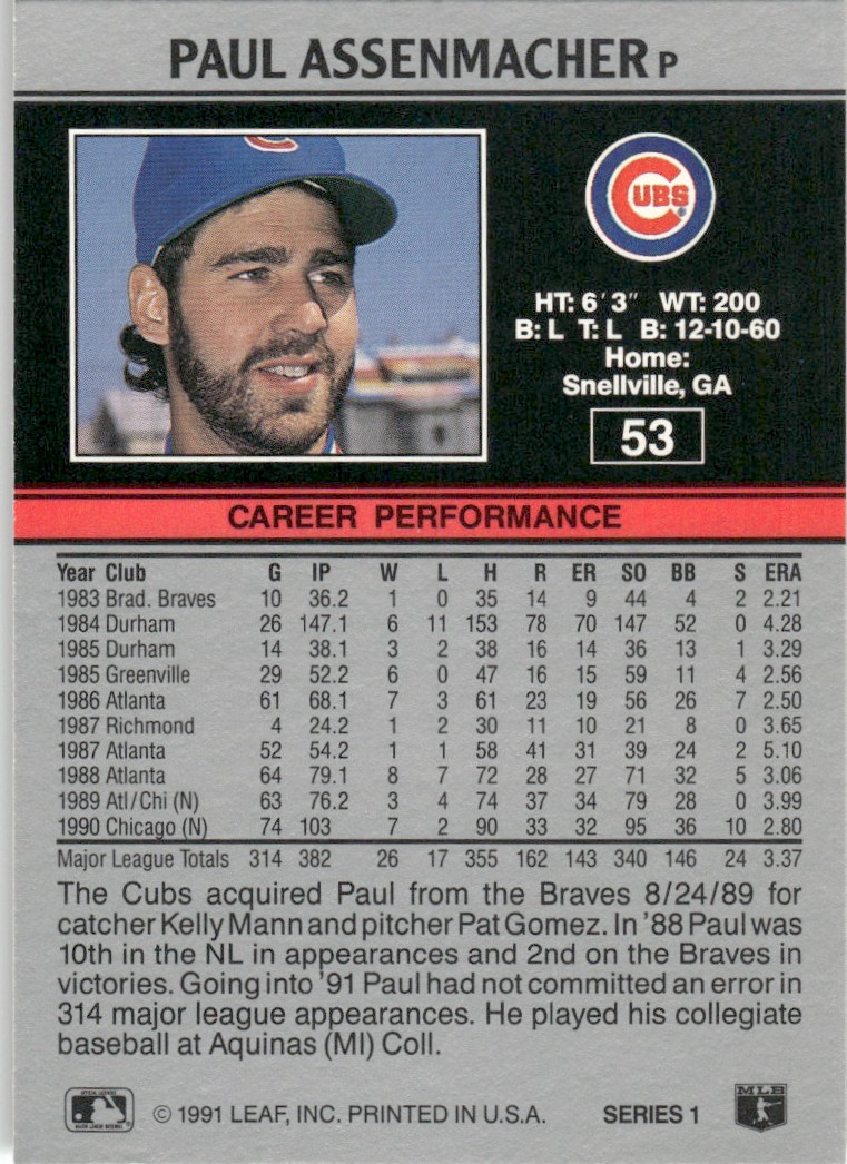 1991 Leaf Major League MLB Baseball Paul Assenmacher #53 card back image