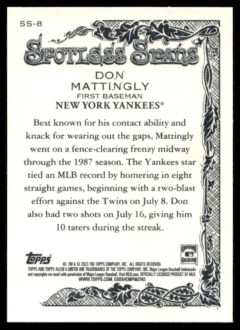 2023 Topps Allen & Ginter Spotless Spans Don Mattingly #SS-8 card back image