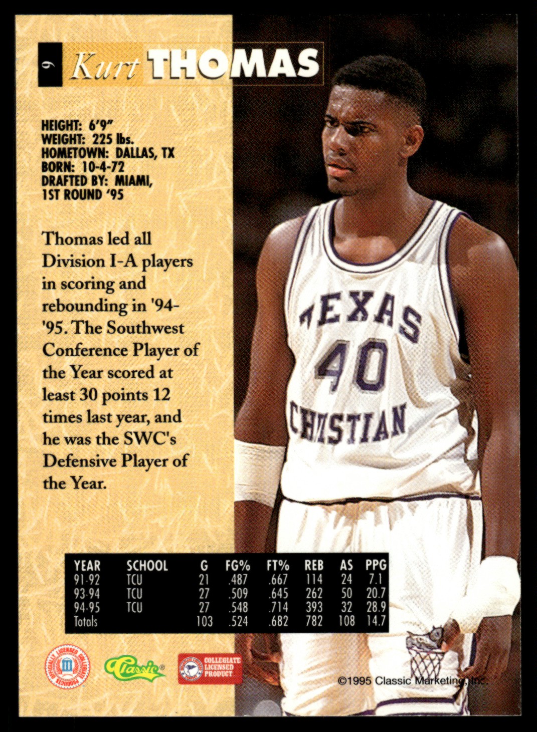 1995-96 Classic 5-Sport Kurt Thomas #9 card back image