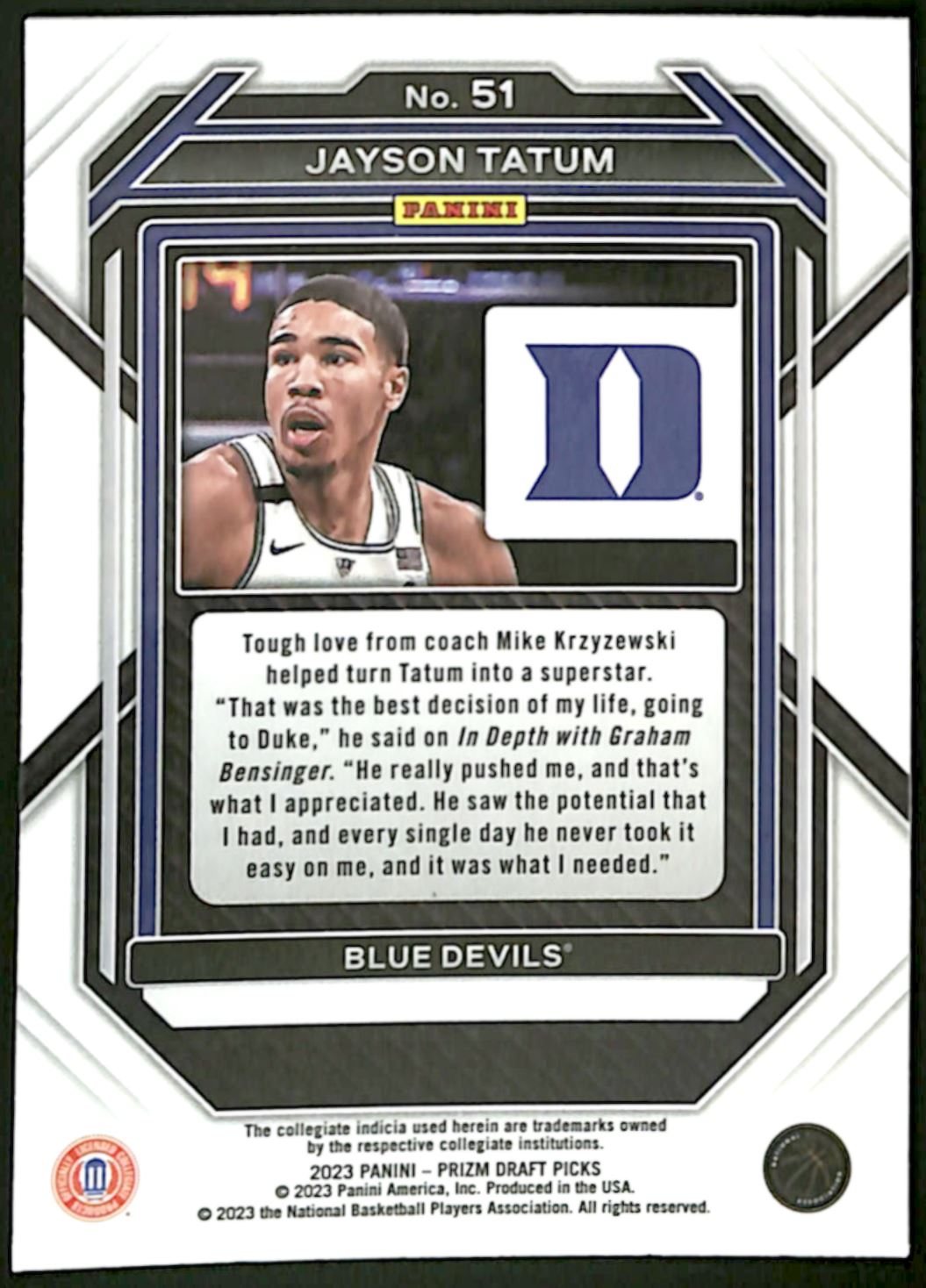 2023-24 Panini Prizm Draft Picks #51 Jayson Tatum Duke Blue Devils