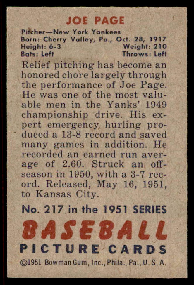 1951 Bowman Joe Page #217 card back image