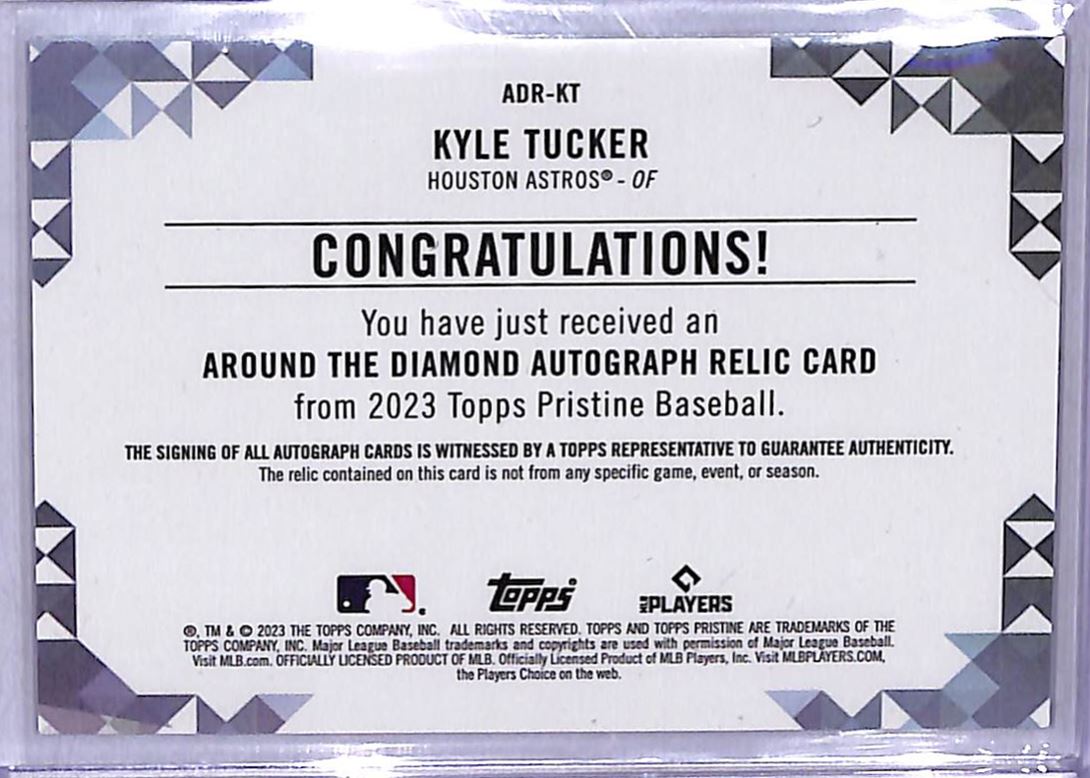2023 Topps Pristine Around the Diamond Autograph Relic Kyle Tucker #ADR-KT card back image