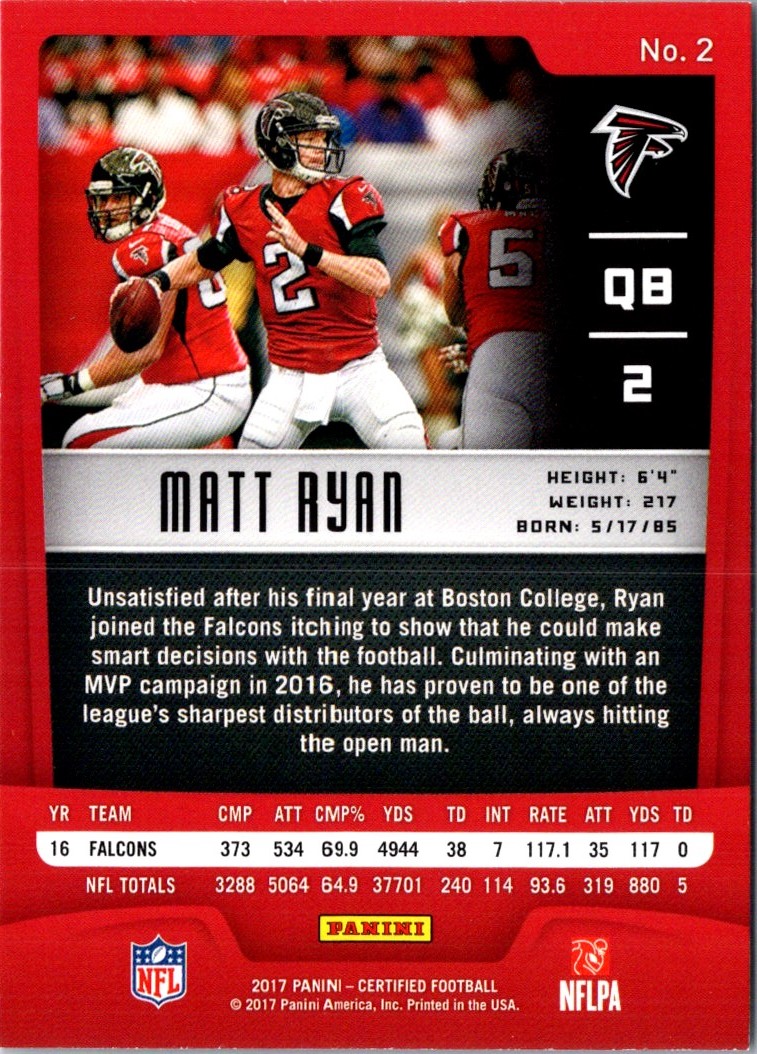 2017 Panini Certified Matt Ryan #2 card back image