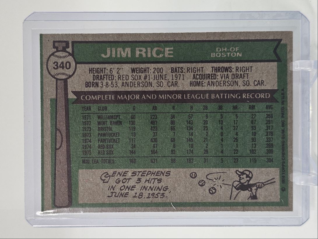 1976 TOPPS GOLD CUP ALL-STAR ROOKIE #340 RED SOX JIM RICE card back image
