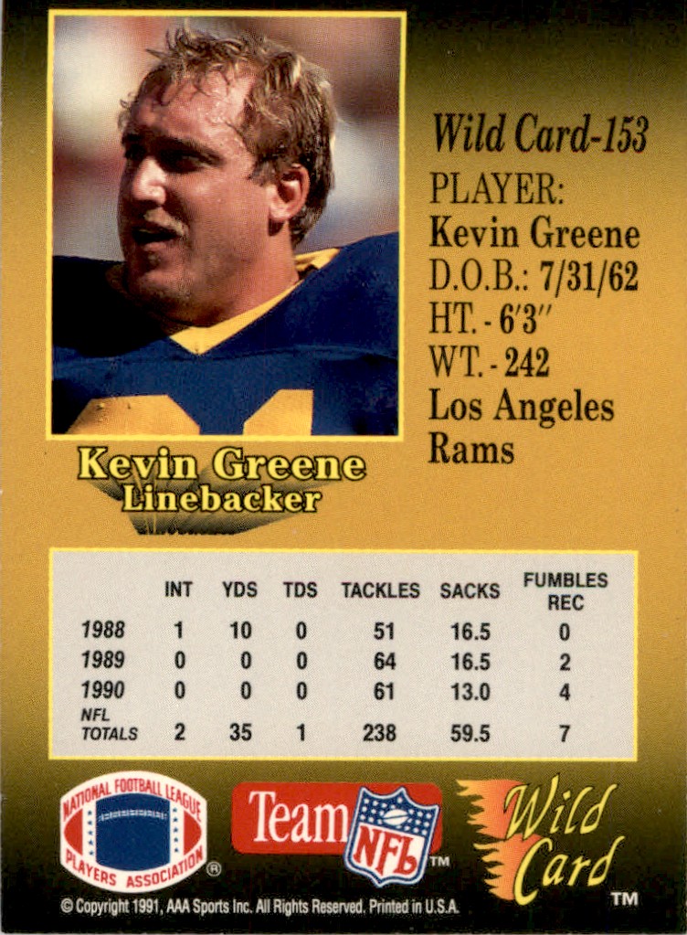 1991 Wild Card Kevin Greene #153 card back image