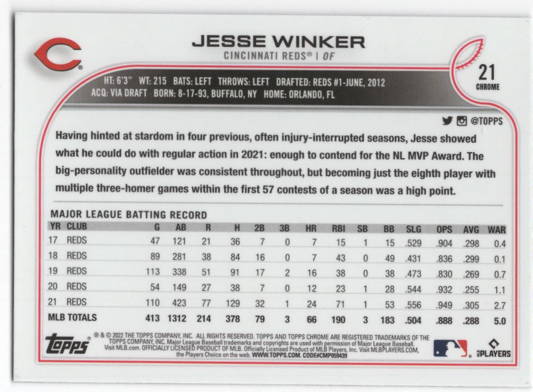 2022 Topps Chrome RAYWAVE Refractor Jesse Winker #21 card back image