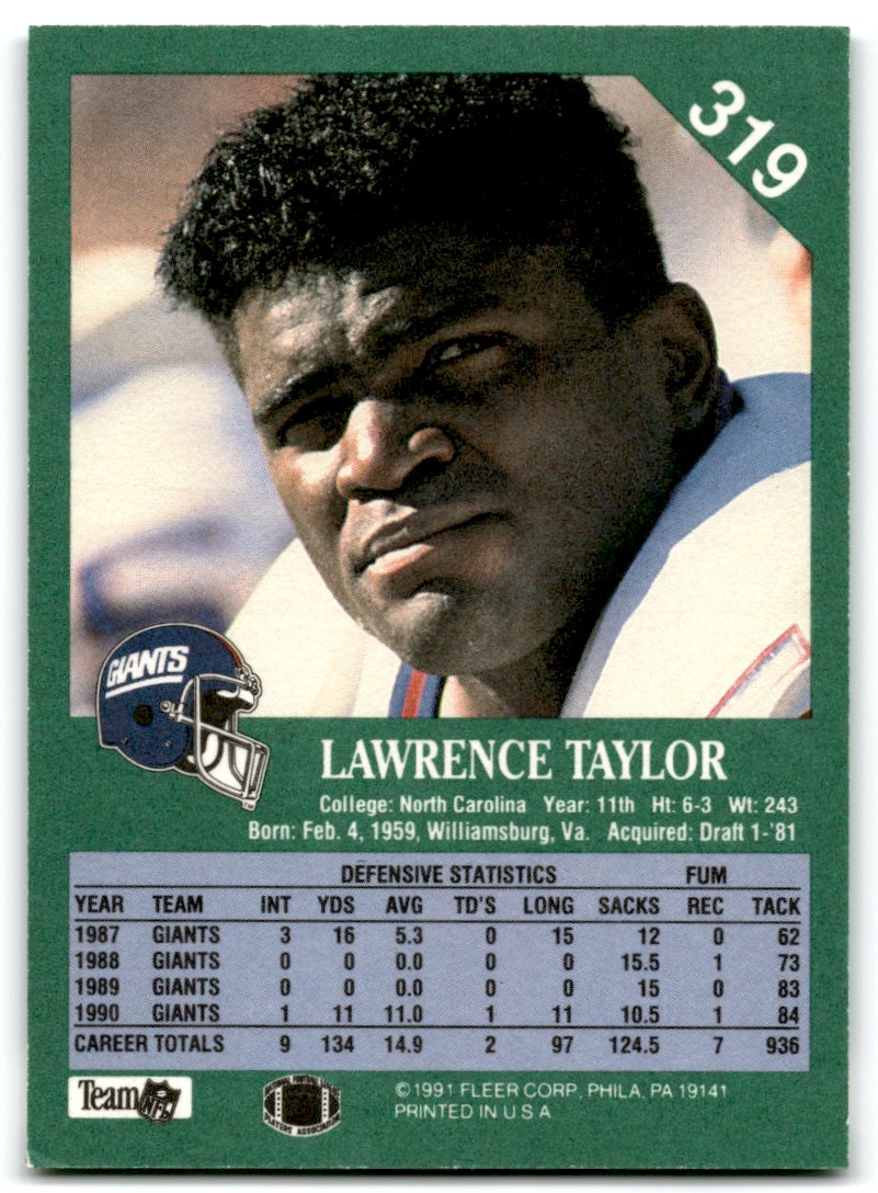 1991 Fleer Lawrence Taylor #319 card back image