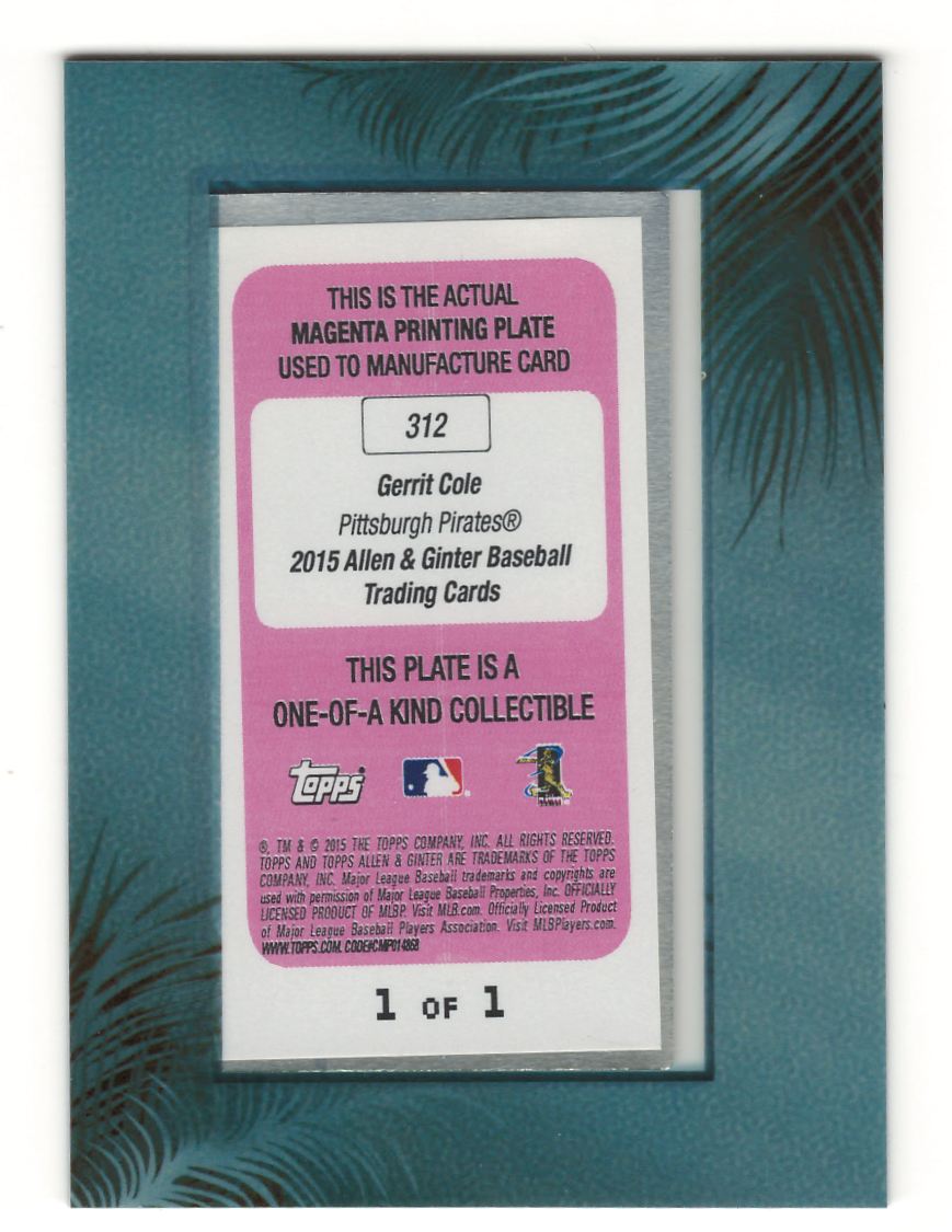 2015 Allen & Ginter Mini Print Plate Magenta Gerrit Cole #312 card back image