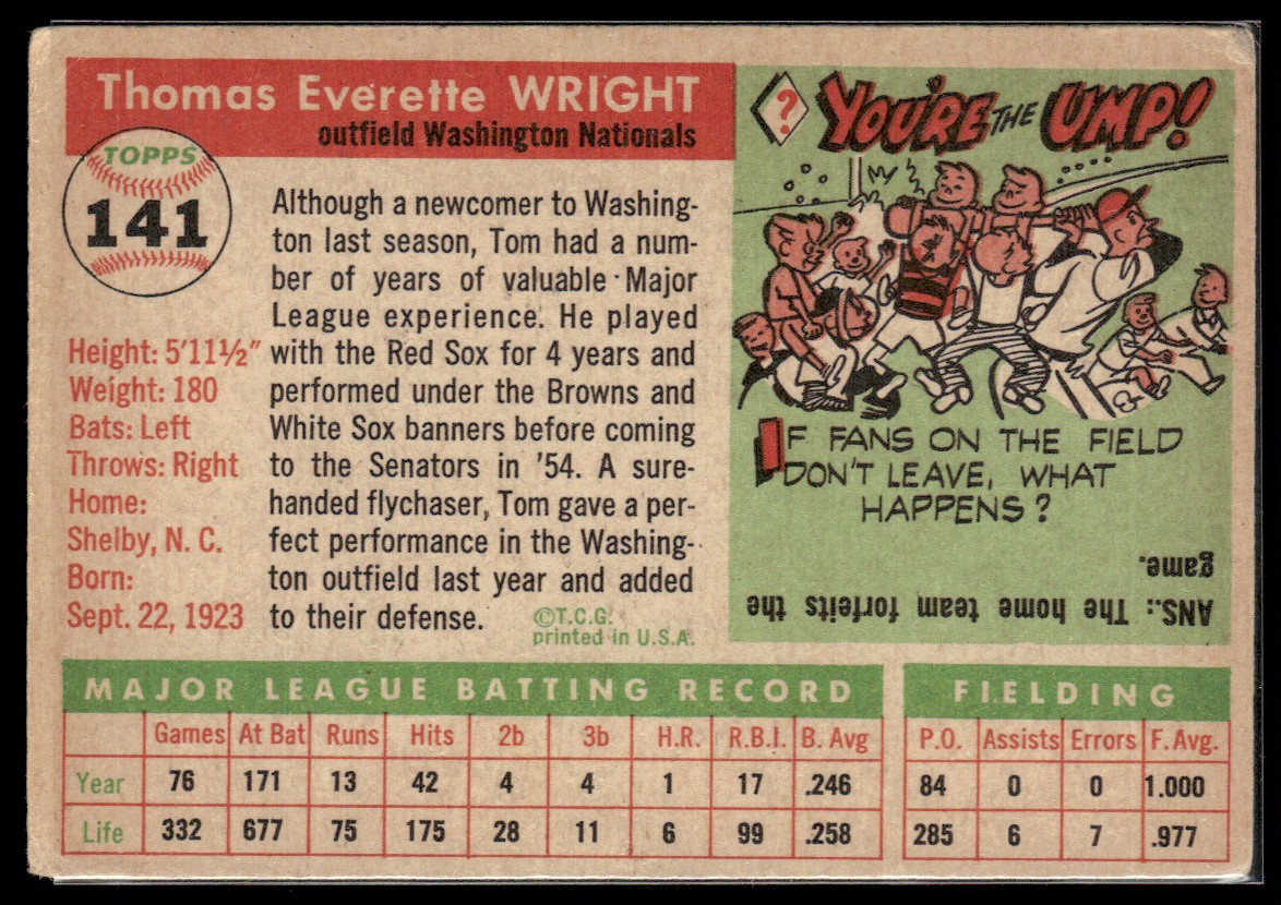 1955 Topps Tom Wright #141 card back image