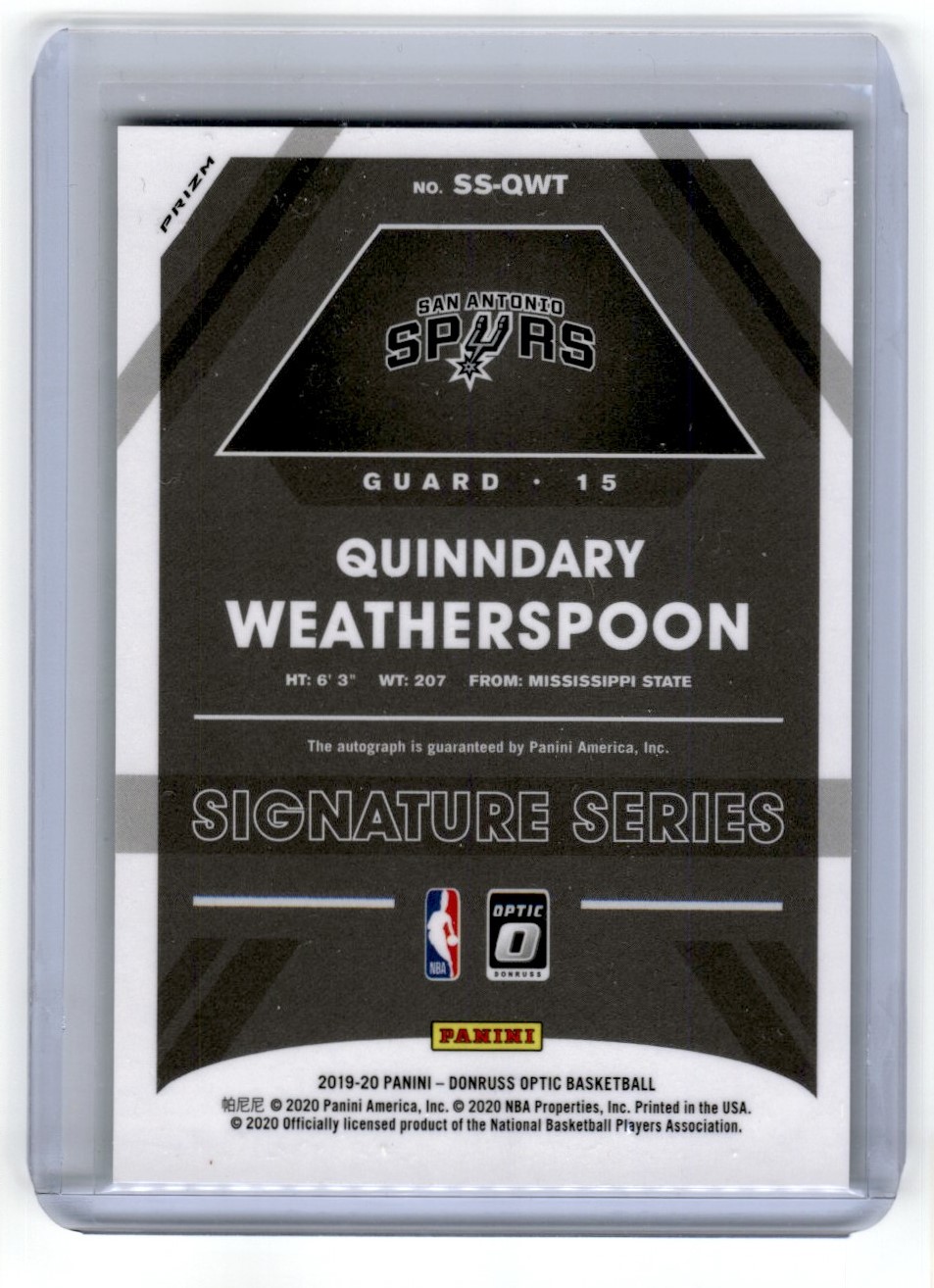 2019-20 Donruss Optic Green Quinndary Weatherspoon #SS-QWT card back image