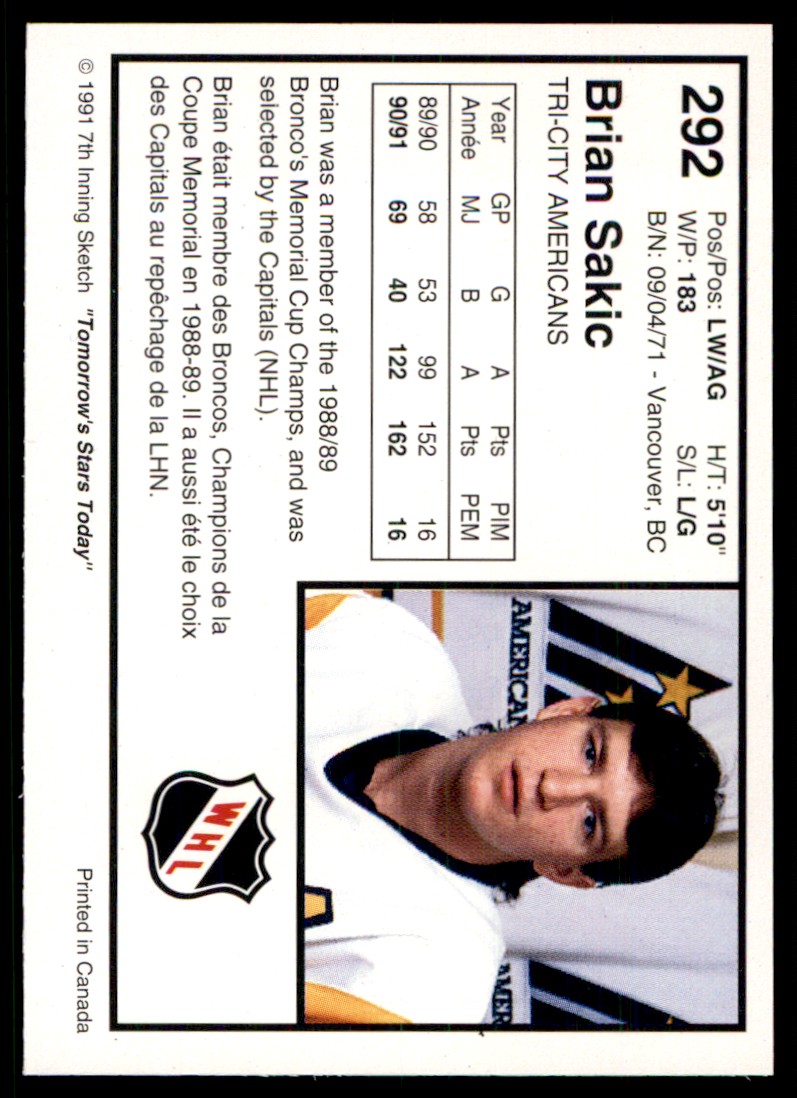1991-92 7th Inning Sketch WHL Brian Sakic Tri-City Americans #292