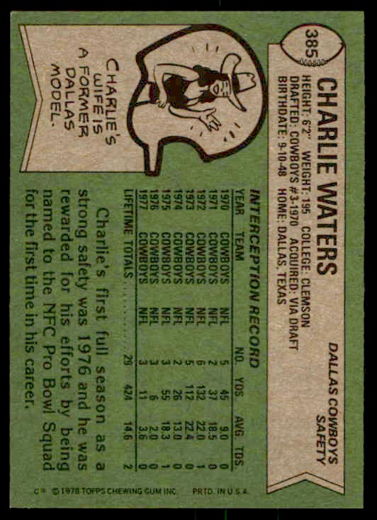 1978 Topps Charlie Waters #385 card back image