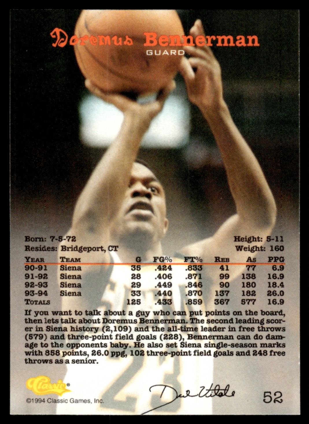 1994-95 Classic Draft Doremus Bennerman #52 card back image