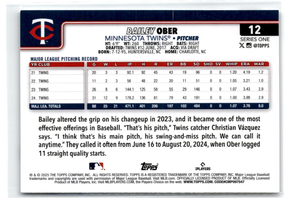 2025 Topps Bailey Ober #12 card back image
