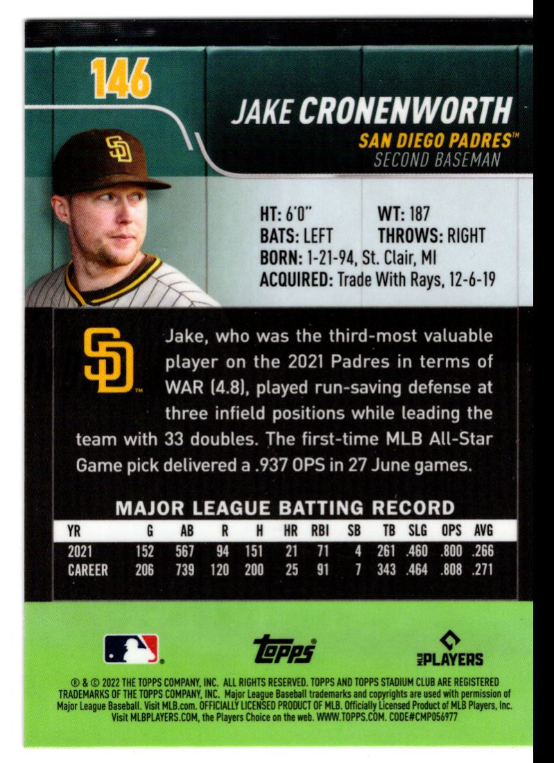 2022 Stadium Club Chrome Refractor Jake Cronenworth #146 card back image